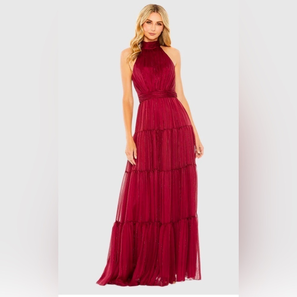 Mac Duggal Burgundy Halter-Tiered Maxi Gown